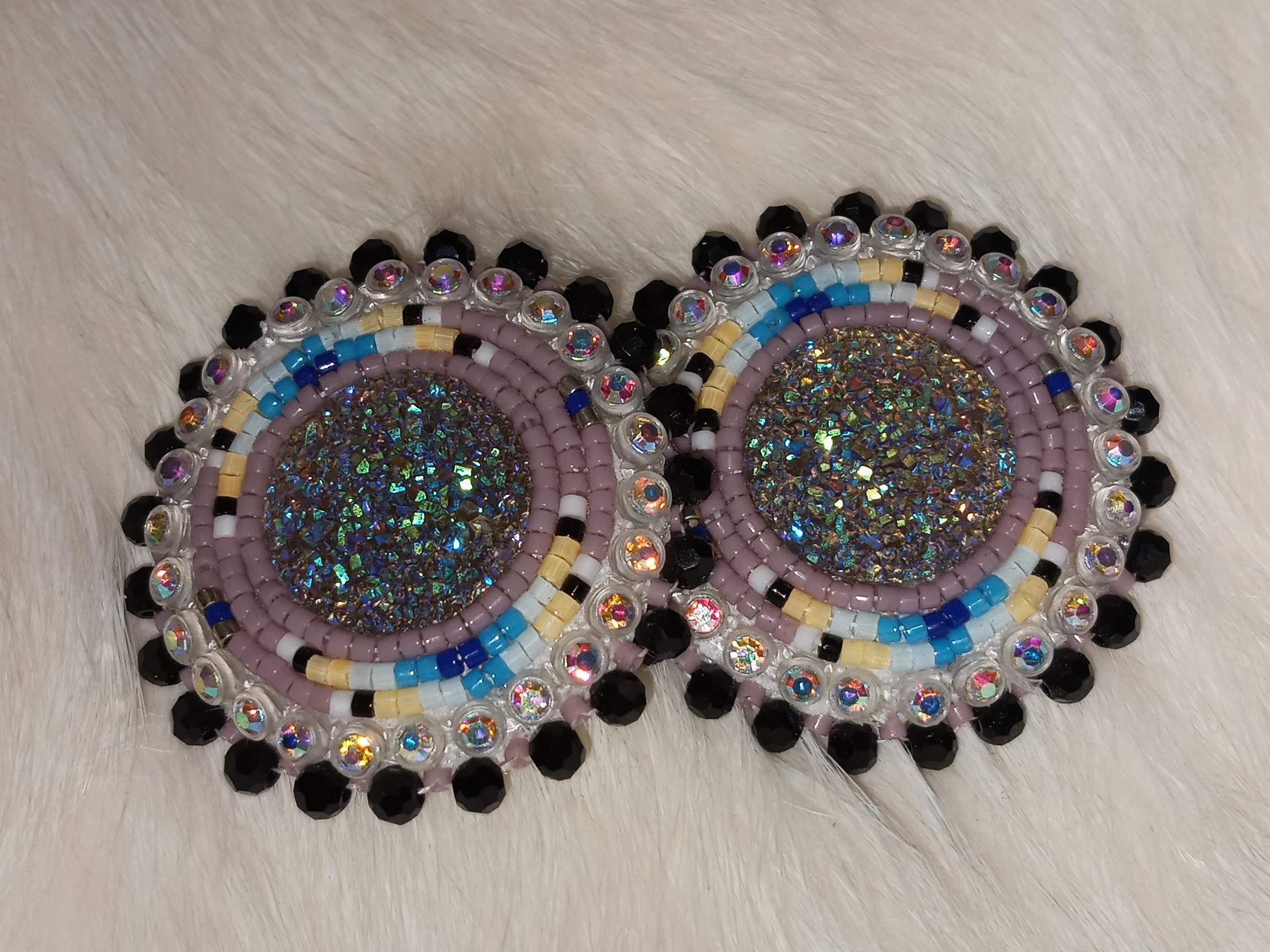 Beaded Earrings Circle Glitter Cab Black Rondelle Bead Edging